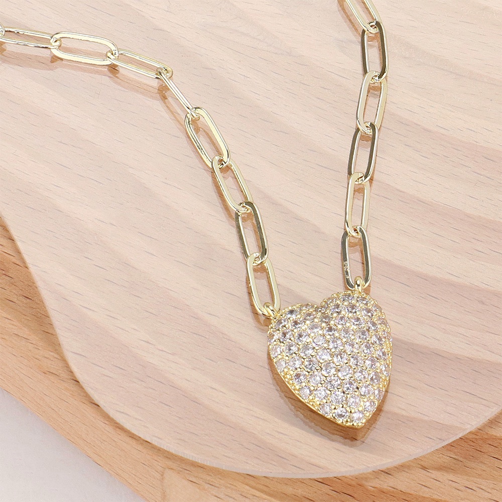 14KGP CZ Stone Pave Heart Pendant Paperclip Chain Necklace